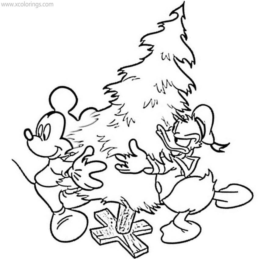 Free Mickey Mouse and Donald with Christmas Tree Coloring Pages printable