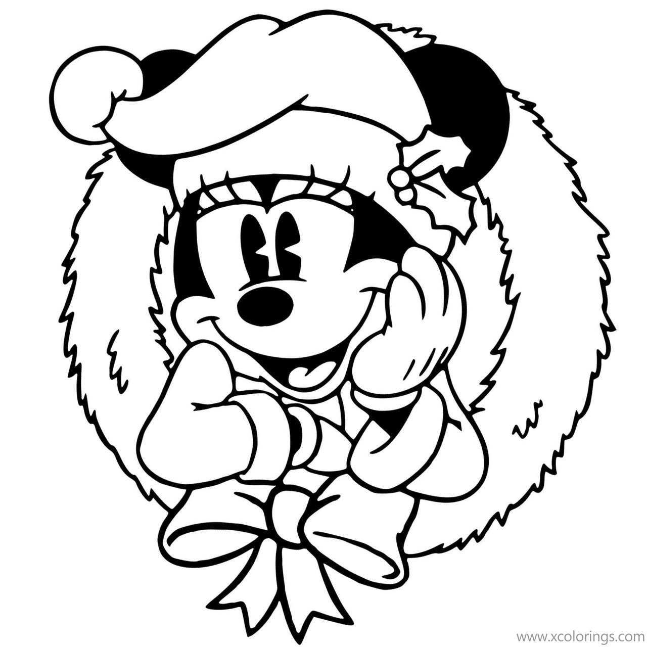 Free Minnie Mouse with Christmas Wreath Coloring Pages printable