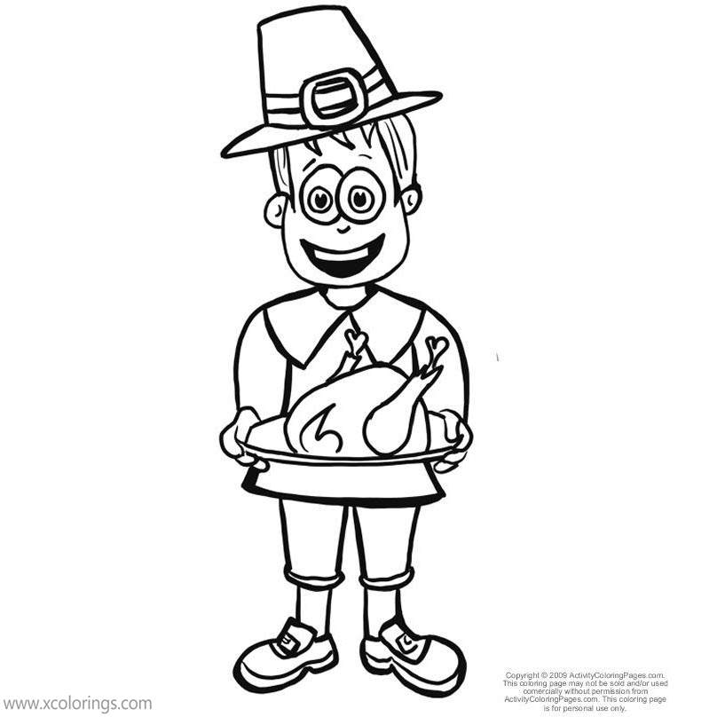 Free Pilgrim Boy Coloring Pages with Turkey printable