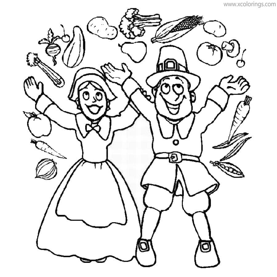 Free Pilgrim Boy and Girl Coloring Pages with Fruits printable