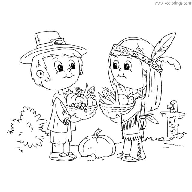 Free Pilgrim Boy and Indian Girl Coloring Pages Thanksgiving Food printable