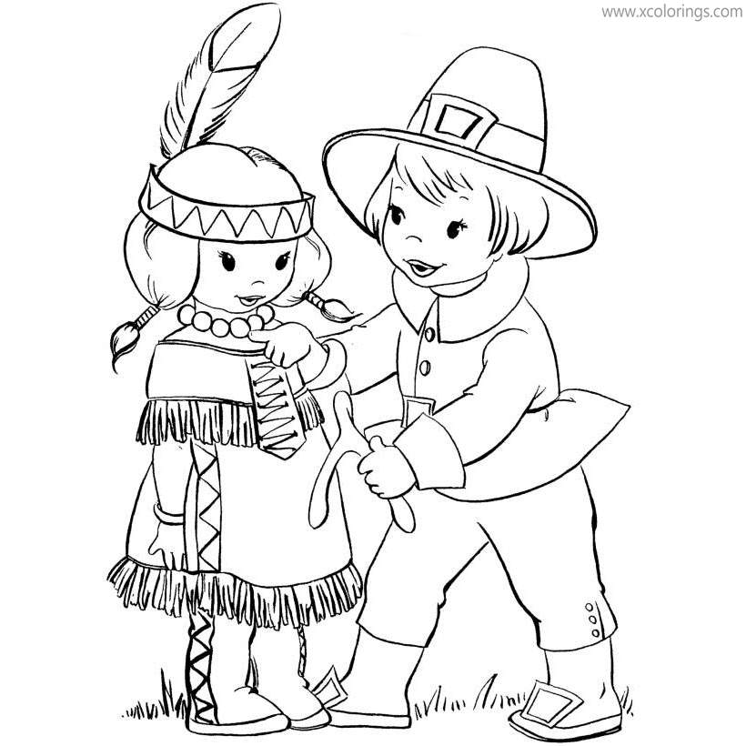 Free Pilgrim Boy and Indian Girl Coloring Pages printable