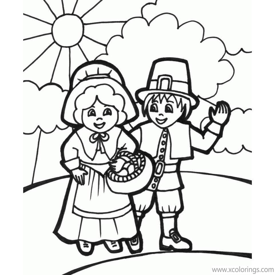 Free Pilgrim Coloring Pages Boy and Girl Walking Together printable