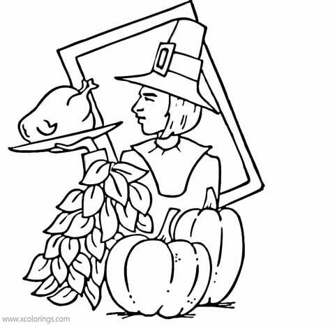 Free Pilgrim Coloring Pages Man with Turkey and Pumpkin printable