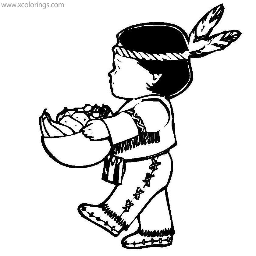 Free Pilgrim Coloring Pages Native Indian Boy with Fruit printable