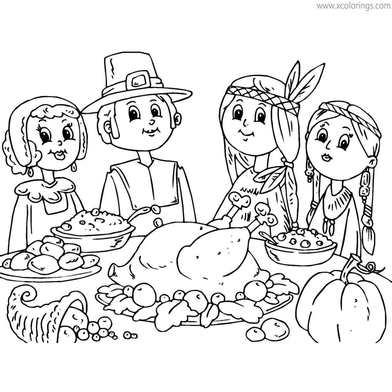 Free Pilgrim Coloring Pages Thanksgiving-Dinner with Indians printable