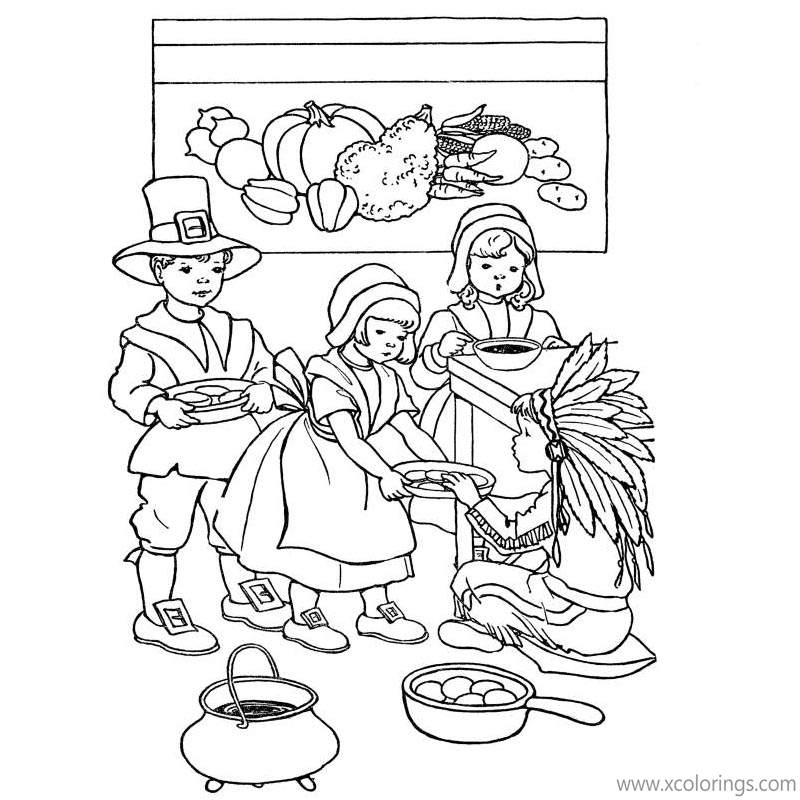 Free Pilgrim Coloring Pages Thanksgiving Feast for Indian Boy printable