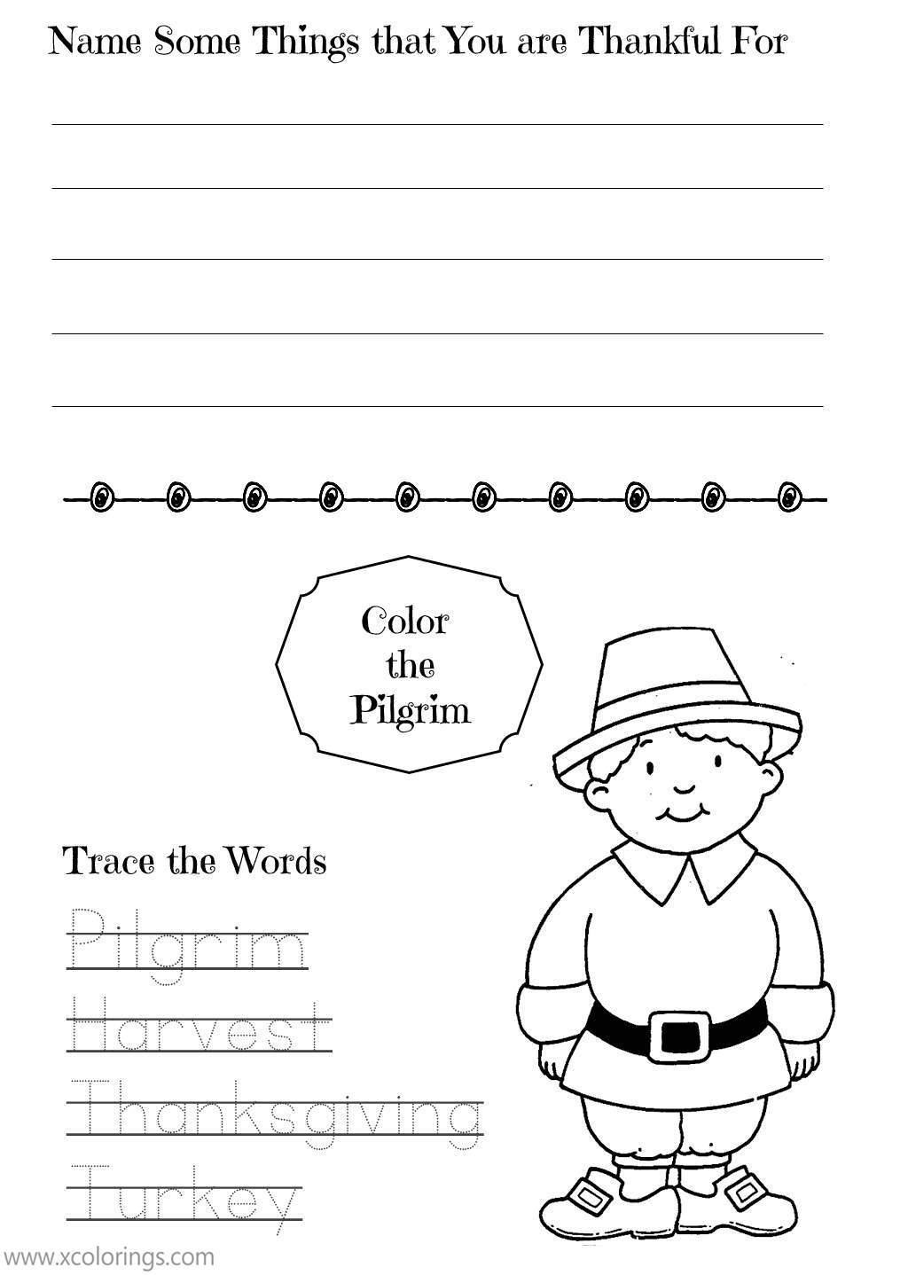 Free Pilgrim Coloring Pages Thanksgiving Worksheet printable