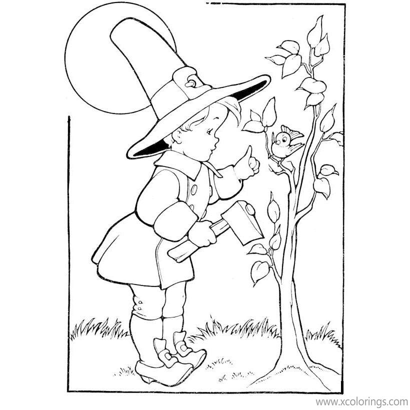 Free Pilgrim Coloring Pages. Boy with Axe printable