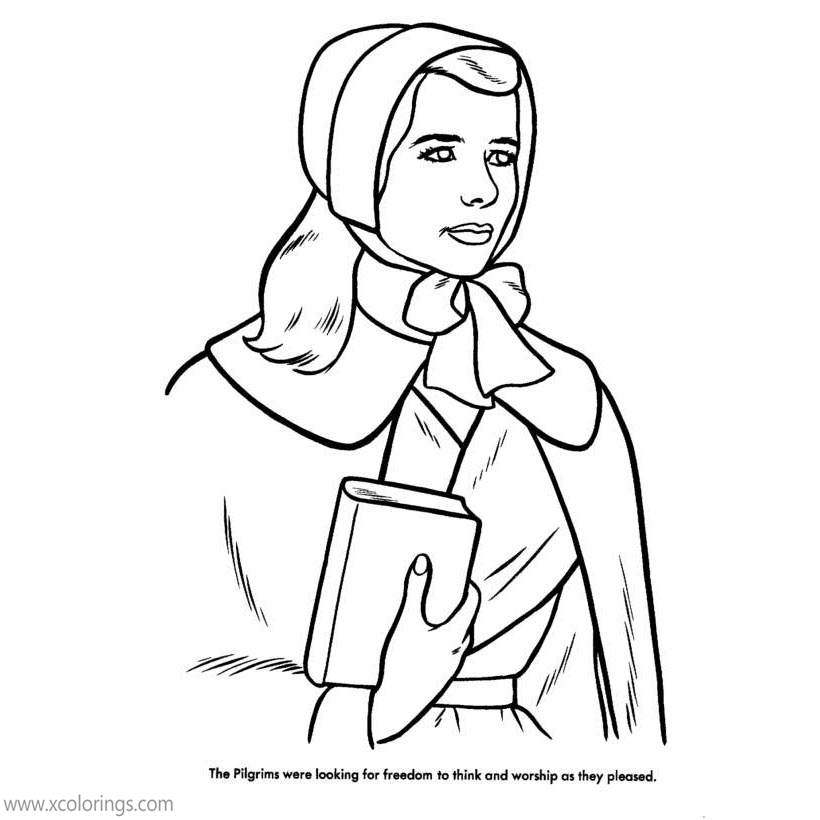 Free Pilgrim Girl with Bible Coloring Pages printable