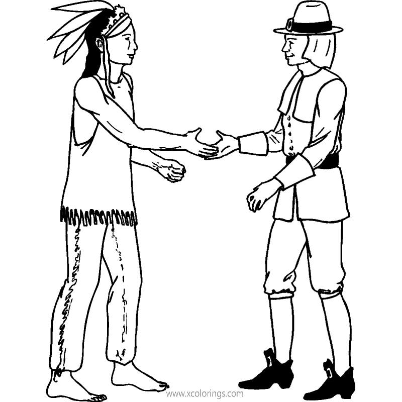 Free Pilgrim and Indian Shaking Hands Coloring Pages printable