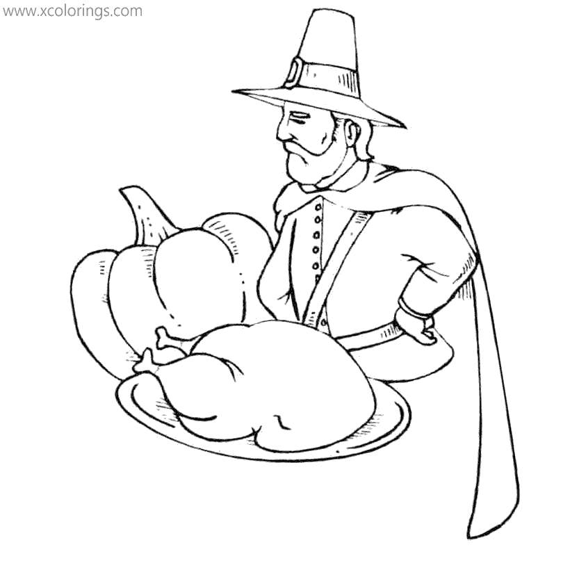 Free Pilgrim with Turkey and Pumpkin Coloring Pages printable