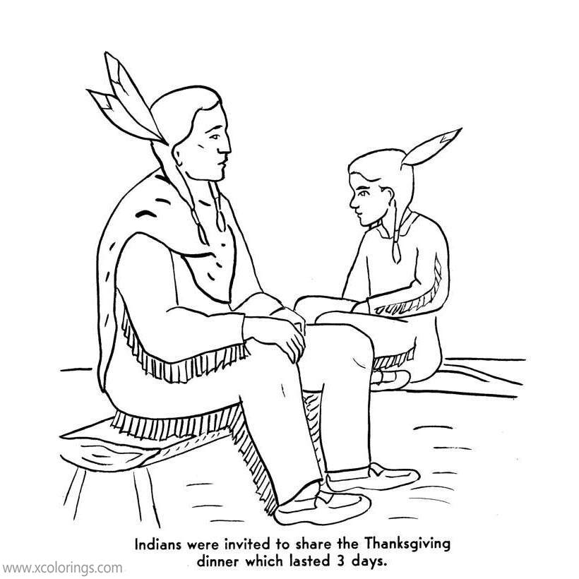Free Pilgrims Coloring Pages Share the Thanksgiving Dinner with Indians printable