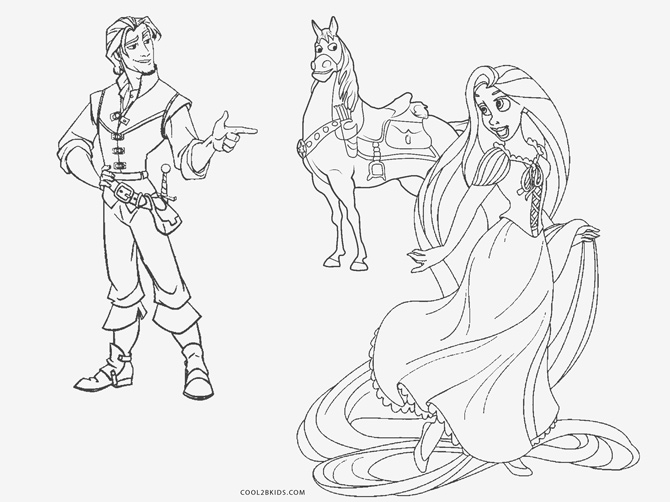 Free Princess Rapunzel Coloring Pages with Flynn and Maximus printable