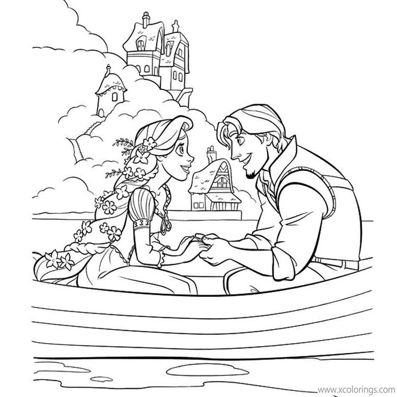Free Tangled Coloring Pages Rapunzel and Flynn on the Boat printable