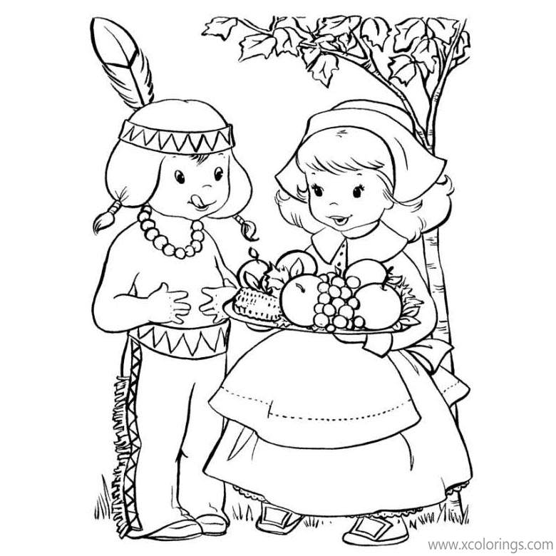 Free Thanksgiving Pilgrim Girl and Indian Boy Coloring Pages printable