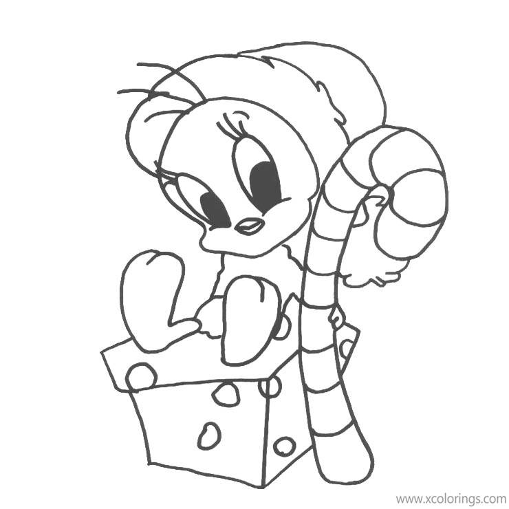 Free Tweety Bird Christmas Coloring Pages with Christmas Candy Cane and Gift printable