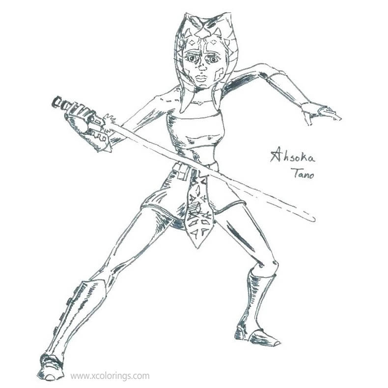 Free Ahsoka Tano Coloring Pages Fighting with Lightsaber printable