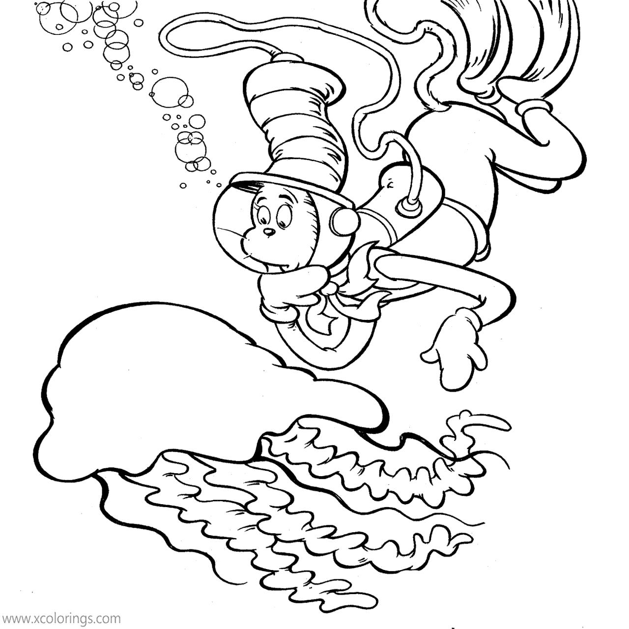 Free Cat In The Hat Coloring Pages Diving with Jellyfish Under the Sea printable