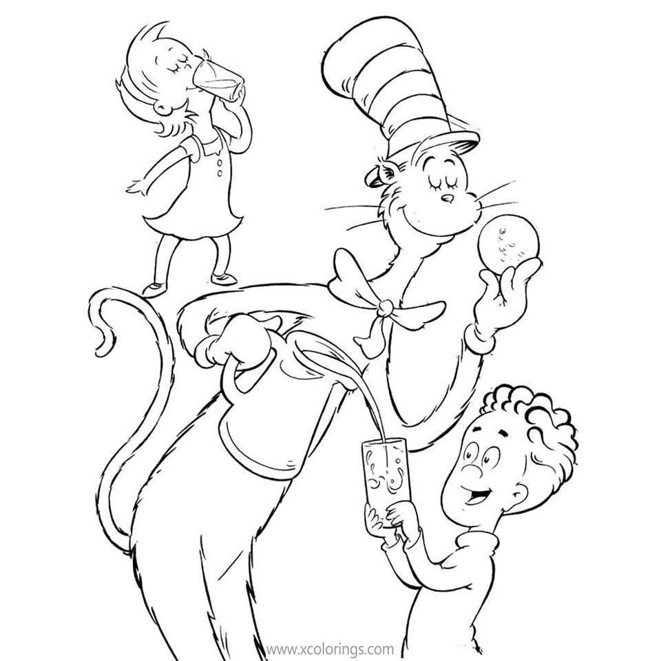 Free Cat In The Hat Coloring Pages Drinking Juice printable