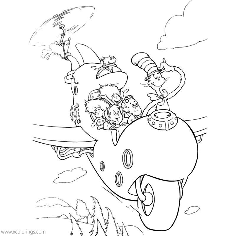 Free Cat In The Hat Coloring Pages Flying with Vehicle Tinga-ma-jigger printable