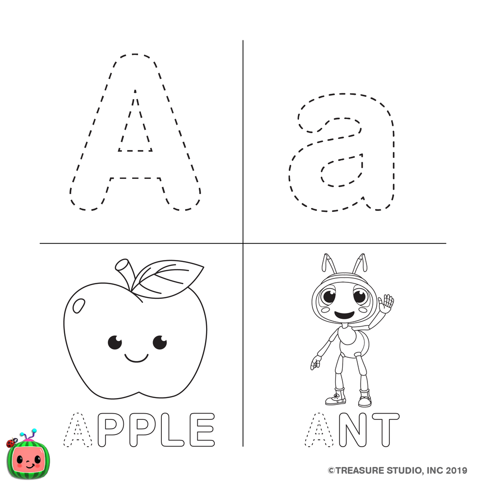 Free CoCoMelon ABC Coloring Pages Letter A printable