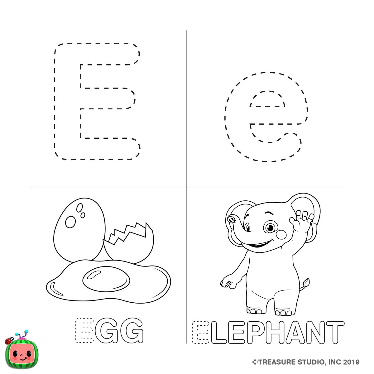 Free CoCoMelon ABC Coloring Pages Letter E printable