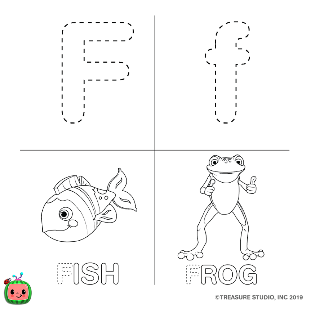 Free CoCoMelon ABC Coloring Pages Letter F printable