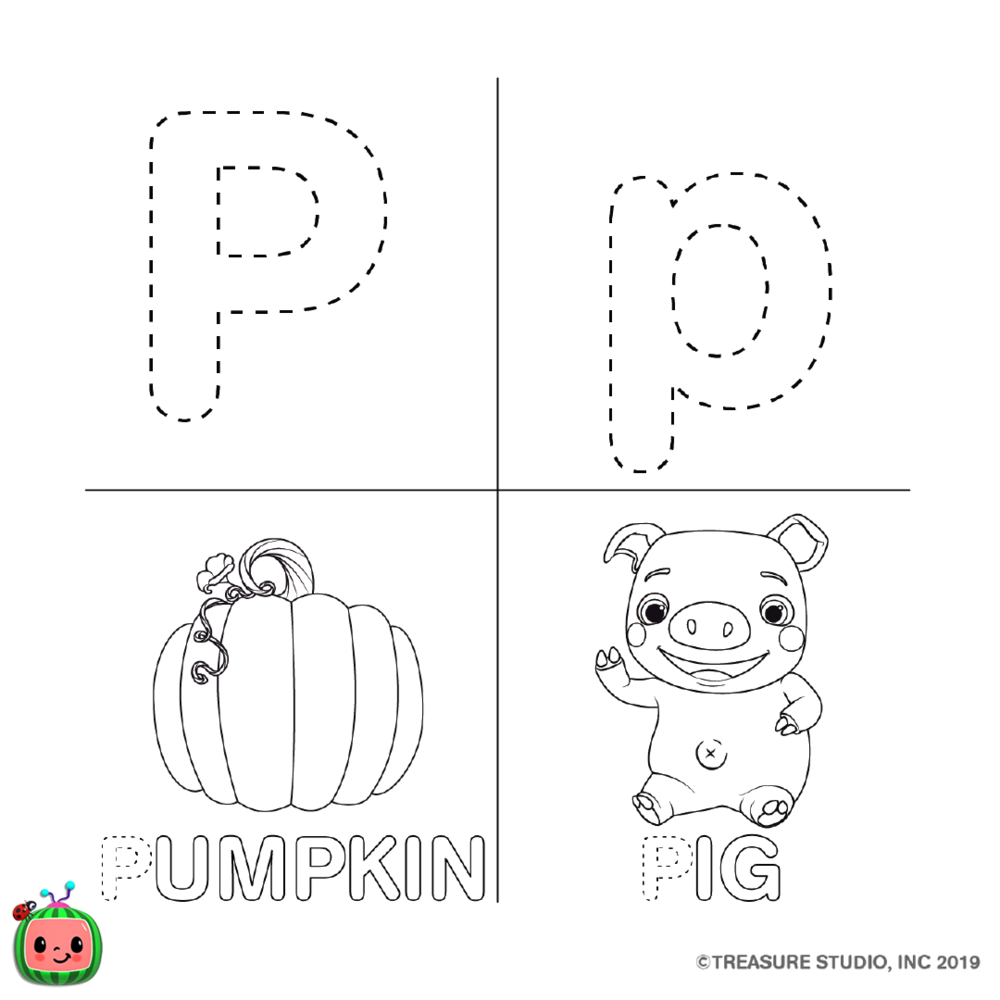 Free CoCoMelon ABC Coloring Pages Letter P printable