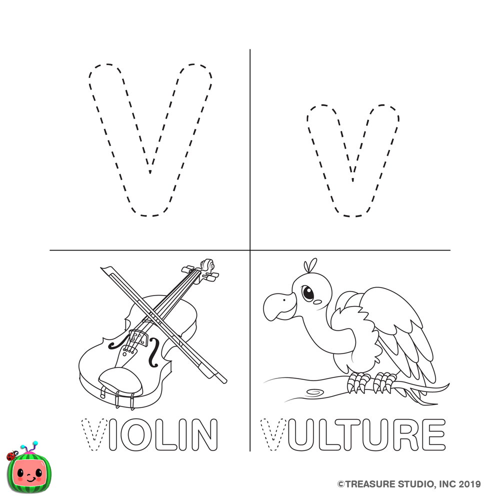 Free CoCoMelon ABC Coloring Pages Letter V printable