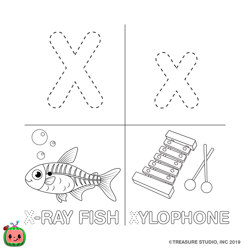 Free CoCoMelon ABC Coloring Pages Letter X printable