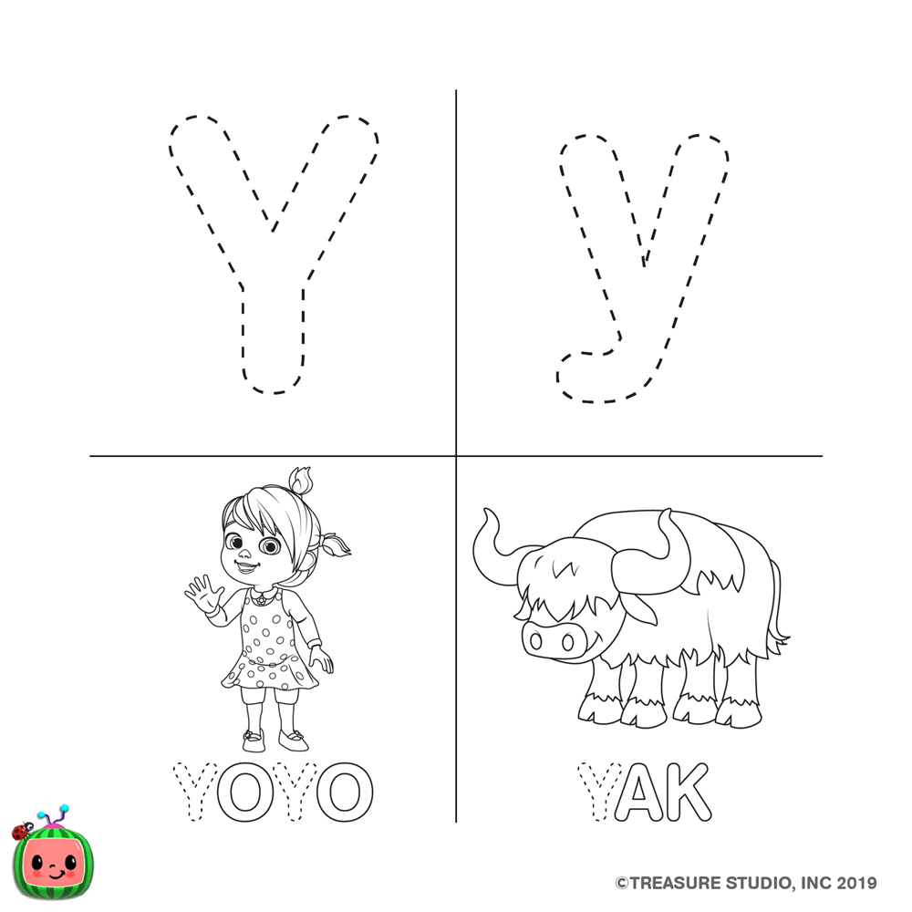 Free CoCoMelon ABC Coloring Pages Letter Y printable