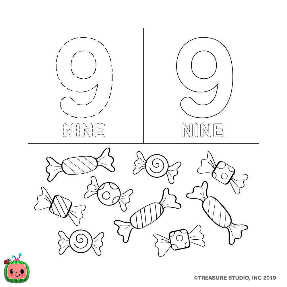 Free CoComelon Coloring Pages Number Nine 9 printable