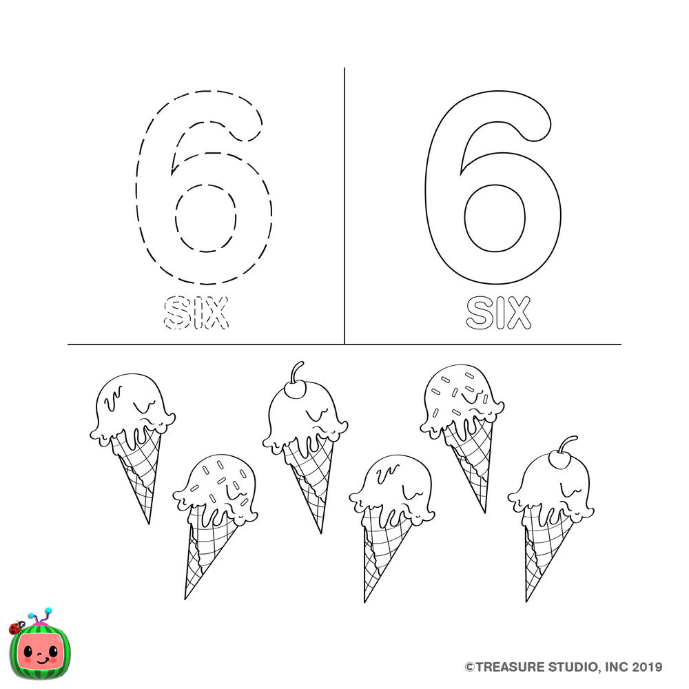 Free CoComelon Coloring Pages Number Six 6 printable