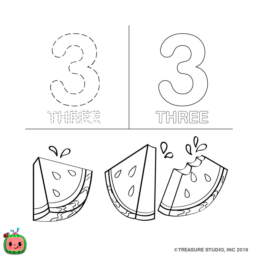 Free CoComelon Coloring Pages Number Three 3 printable