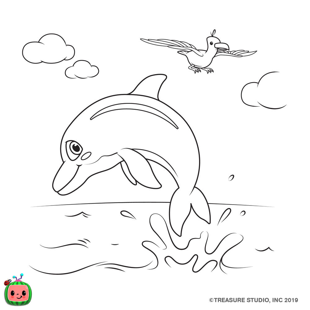 Free CoComelon Coloring Pages Sea Animal Dolphin and Seagull printable