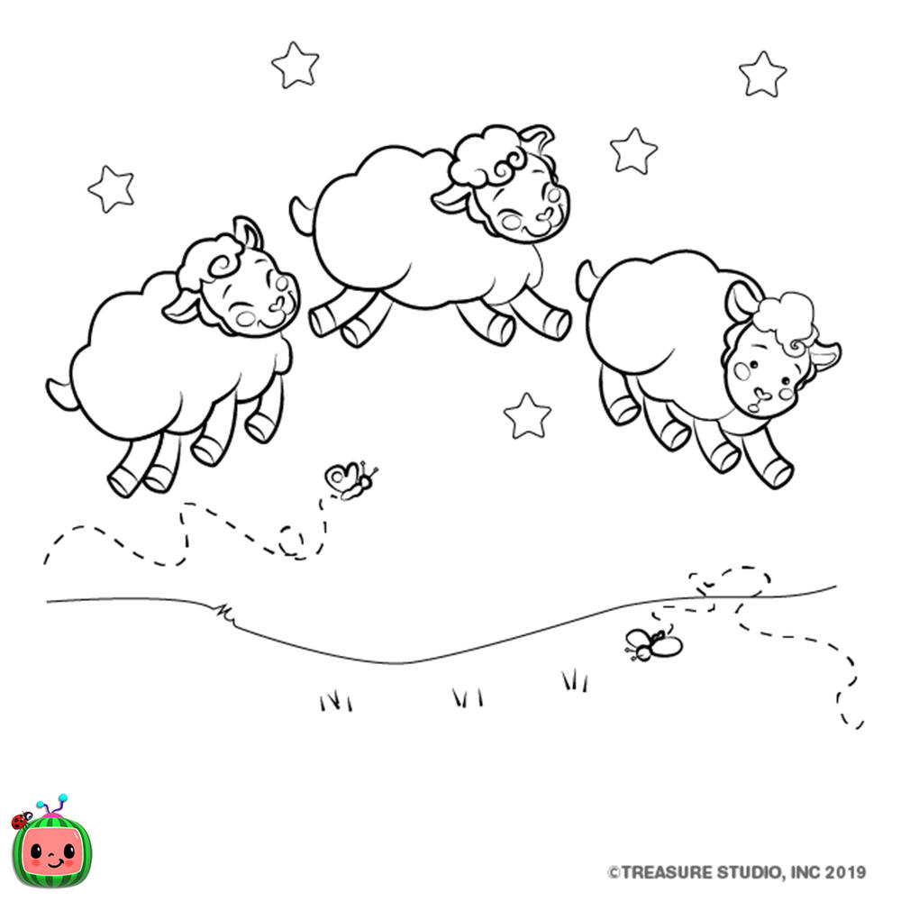 Free CoComelon Coloring Pages Three Sleepy Sheep printable