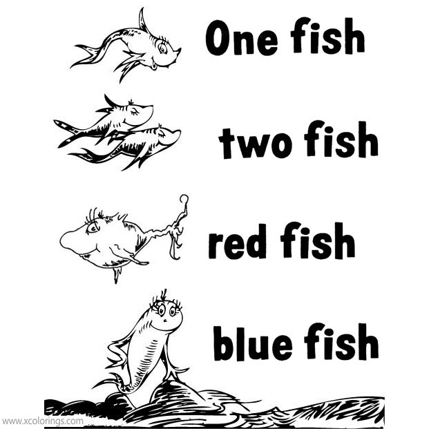 Free Dr. Seuss One Fish Two Fish Red Fish Blue Fish Book Coloring Sheets printable