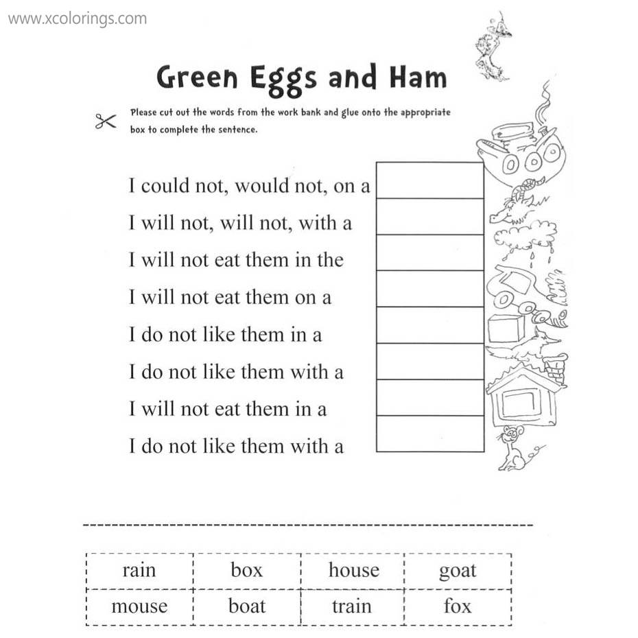 Free Green Eggs and Ham Coloring Pages Words Worksheets printable