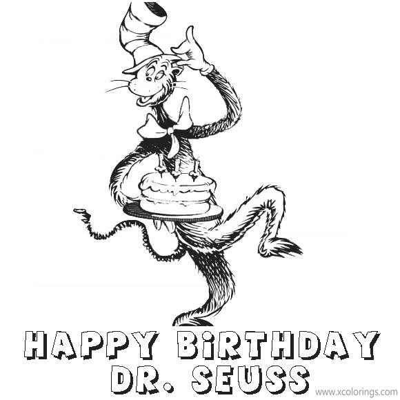 Free Happy Birthday Dr Seuss Coloring Pages Cat In The Hat Brings the Cake printable