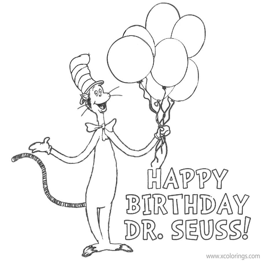 Free Happy Birthday Dr Seuss Coloring Pages Cat In The Hat with Balloons printable
