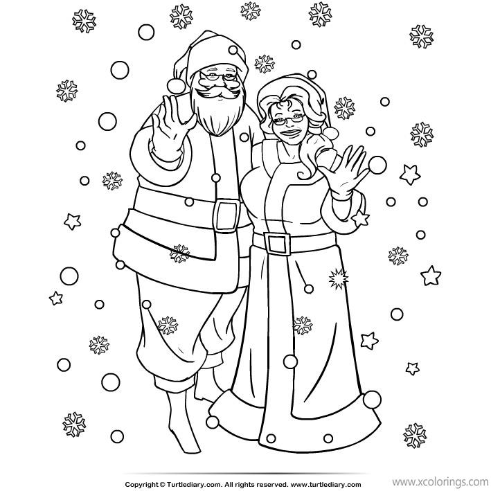 Free Mrs. Claus and Mr. Claus Coloring Pages with Snowflakes printable