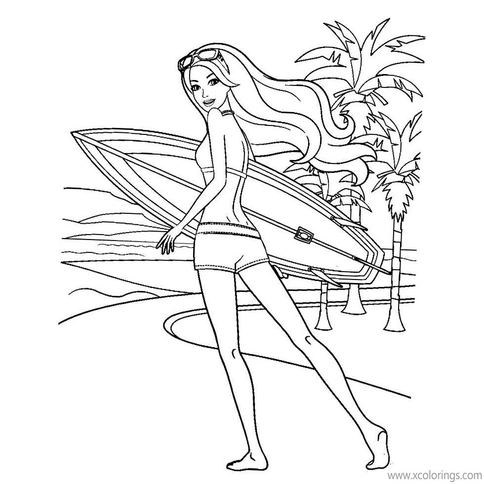 Free Barbie Mermaid Coloring Pages Merliah with Surfboard printable