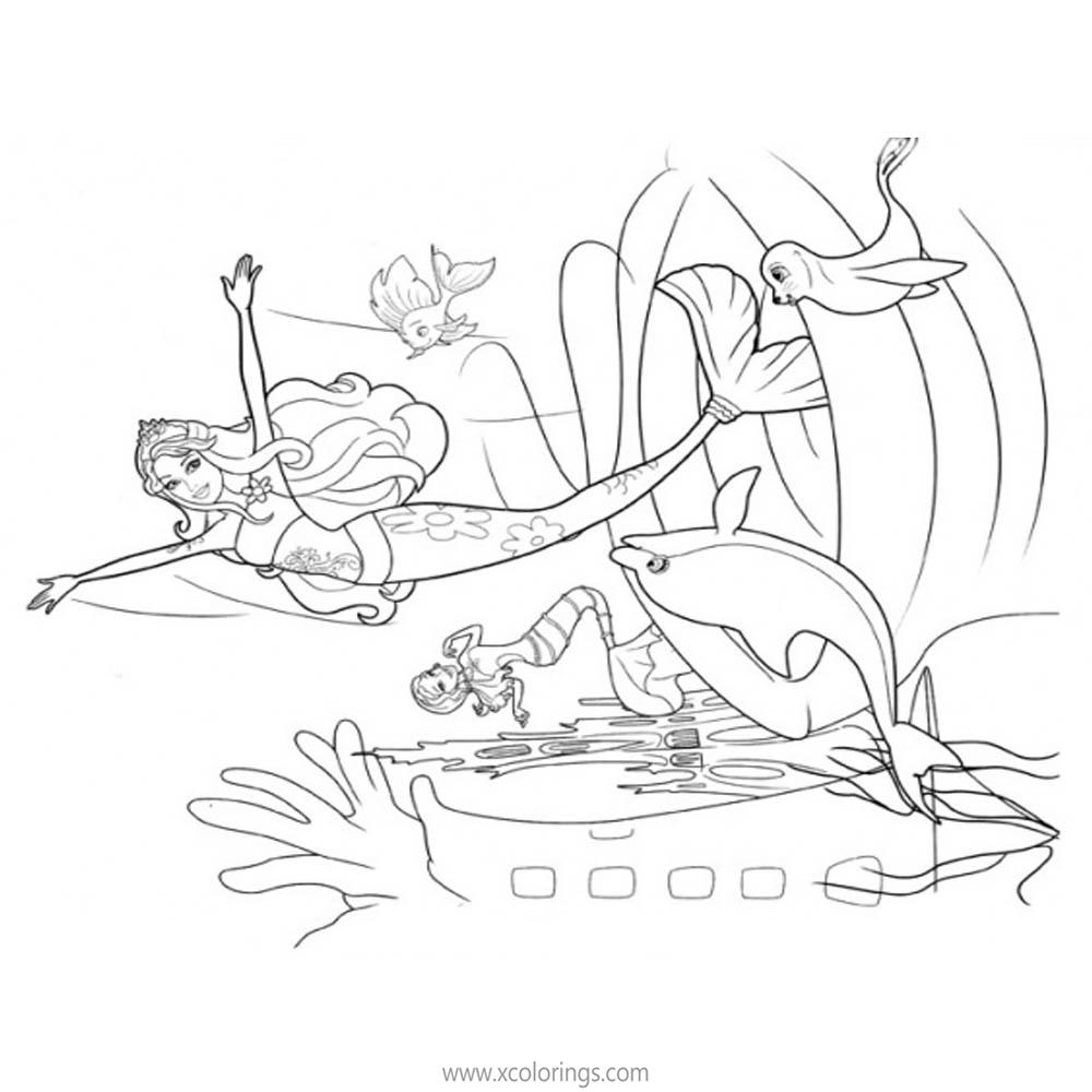 Free Barbie Mermaid Coloring Pages Swimming with Sea Animals printable