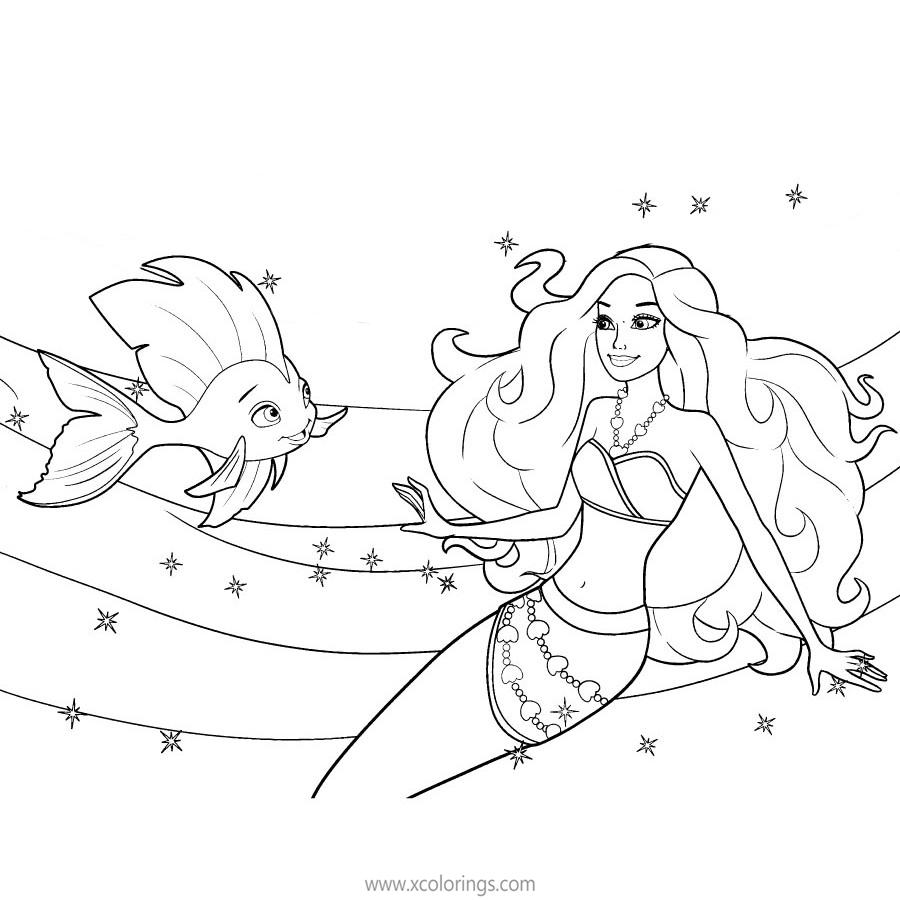 Free Barbie Mermaid with Fish Coloring Pages printable