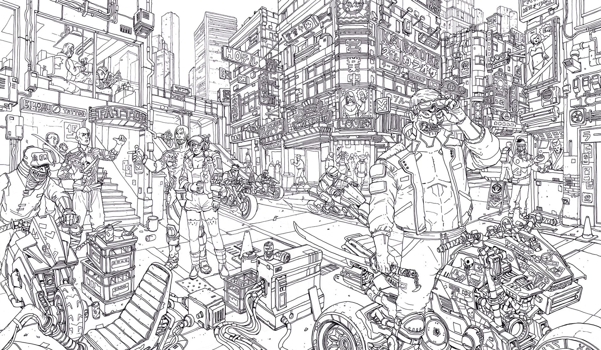 Free Cyberpunk City Coloring Pages Tyger Claws br Artist Death Burger printable