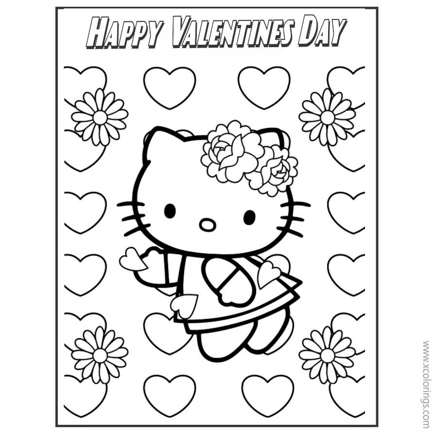 Free Hello Kitty Happy Valentines Day Coloring Pages with Hearts and Flowers printable