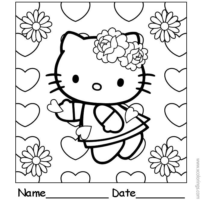 Hello Kitty Happy Valentines Day Coloring Pages with Hearts and Flowers