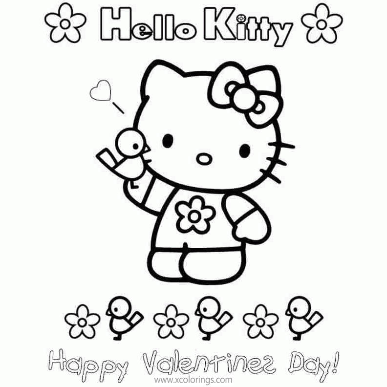 Hello Kitty Happy Valentines Day Coloring Pages with Hearts and Flowers