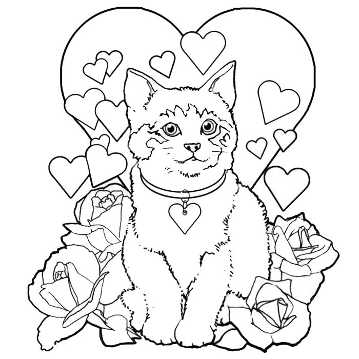 Free Valentines Day Coloring Pages Cat with Heart and Flowers printable